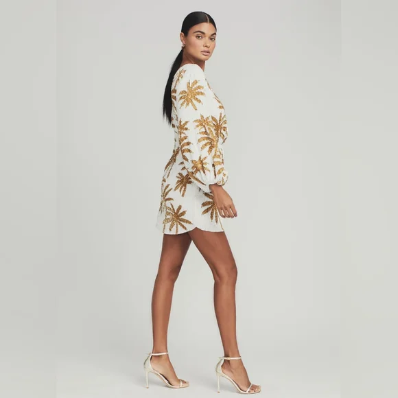 WT RETROFETE GRACE SEQUIN PALM DRESS IN WHITE GOLD PALM